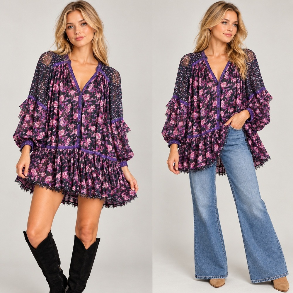 3334 | Free People Rosebud Print Mix Mini Tunic Dress Purple Black Womens S